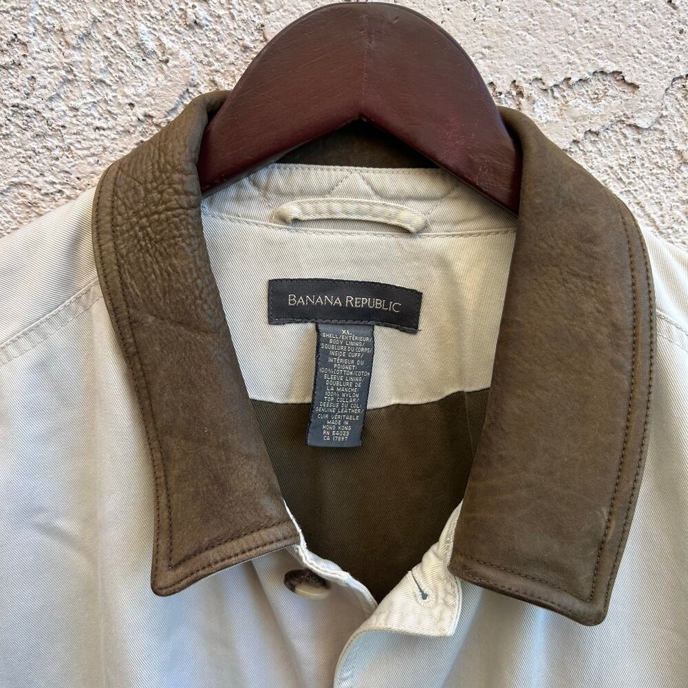 Vintage Banana Republic Cotton Canvas Jacket Brown Leather Collar XL - Picture 2 of 6
